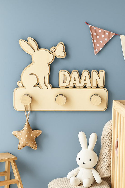 Gepersonaliseerde Houten Kapstok Kinderkamer – Konijn met Naam