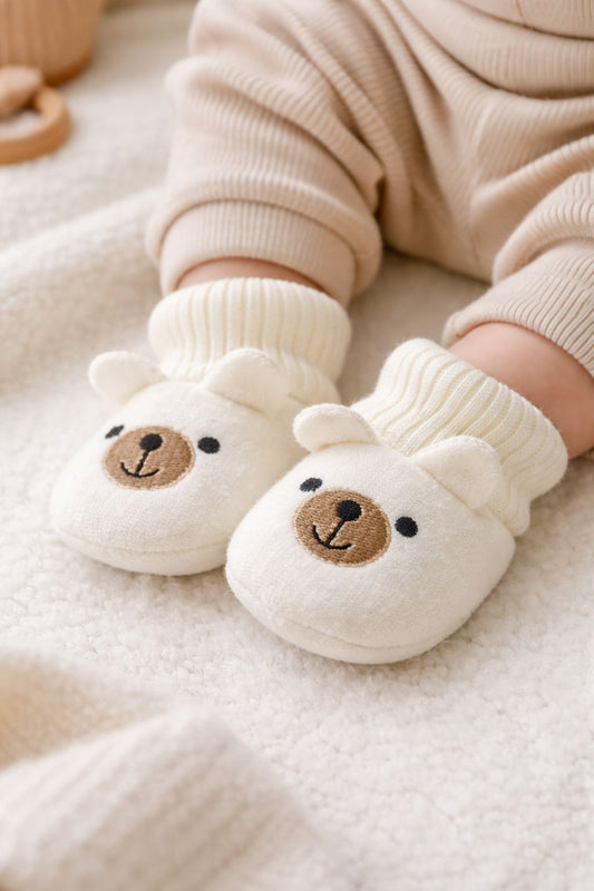 Zachte babyslofjes met beertje aan voetjes van pasgeboren baby 0-3 maanden