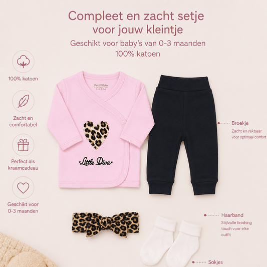 Blijeitje - Luxe 4-delige babycadeauset - Kraamcadeau meisje met stylvolle babyhoofdband, Shirtje, Broekje & Sokjes - Little Diva Design - Blij Eitje
