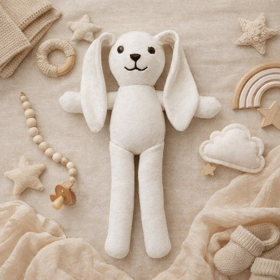Blijeitje - Kraamcadeau meisje - Luxe 7-delige babycadeauset - Met Roze Mutsje, Krabwantjes, Slofjes, Overslagromper, Spuugdoekje, Slabbetje & Knuffel konijn - Welkom design