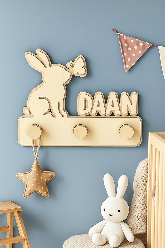 Gepersonaliseerde Houten Kapstok Kinderkamer – Konijn met Naam