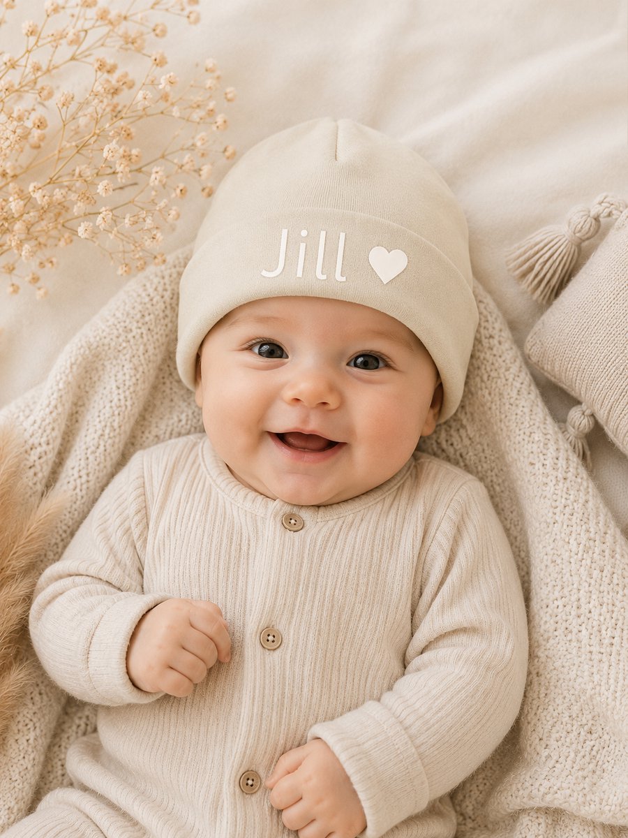 beige mutsje baby met naam
