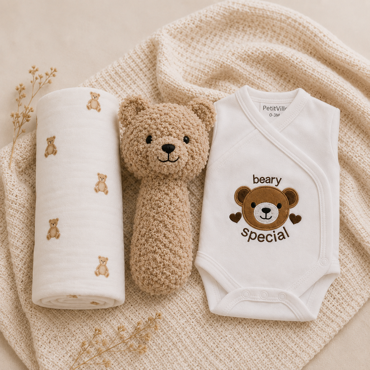 Blijeitje Luxe Kraamcadeau Unisex – Jollein Hydrofiele Doek, Rammelaar & Romper