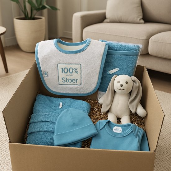 Baby cadeaupakket in blauw met knuffelkonijn, romper, slabbetje, mutsje en handdoek – ideaal als kraamcadeau
