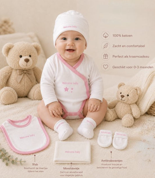 Blijeitje - Kraamcadeau meisje - Luxe 7-delige babycadeauset - Met Roze Mutsje, Krabwantjes, Slofjes, Overslagromper, Spuugdoekje, Slabbetje & Knuffel konijn - Welkom design - Blij Eitje