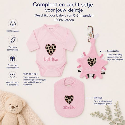 Blijeitje - Luxe 3-delige babycadeauset - Kraamcadeau meisje met Panterprint Overslag Romper, Speendoekje & Slabbetje - Little Diva Design - Blij Eitje