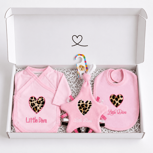 Blijeitje - Luxe 3-delige babycadeauset - Kraamcadeau meisje met Panterprint Overslag Romper, Speendoekje & Slabbetje - Little Diva Design - Blij Eitje