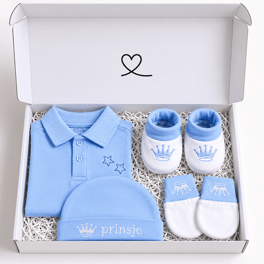 Blijeitje - Luxe 4-delige babycadeauset - Kraamcadeau Jongen met Prinsje Blauw Mutsje, Krabwantjes, Slofjes & Romper met polokraagje - Blij Eitje