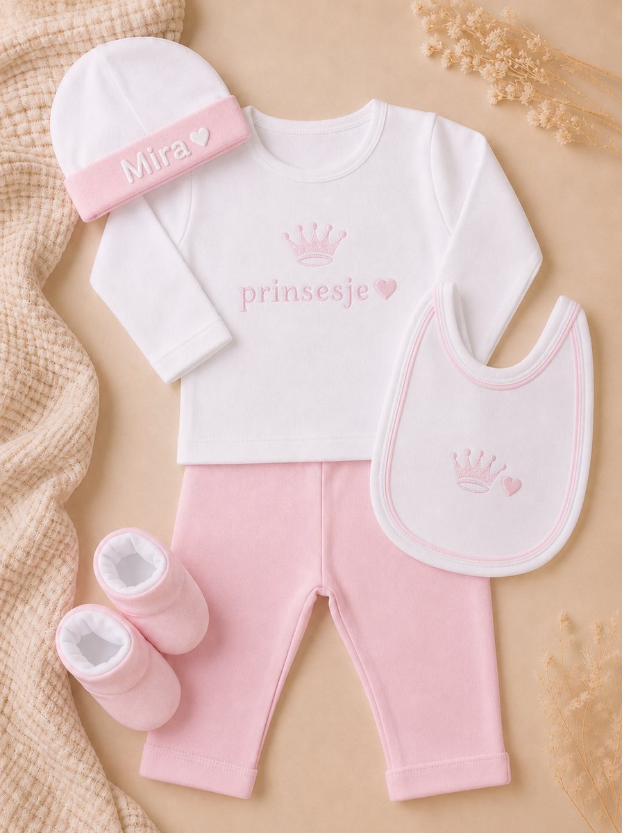 Blijeitje - Luxe 5-delige babycadeauset Roze gepersonaliseerd - Kraamcadeau Jongen met Mutsje met naam, Krabwantjes, Slofjes, Shirtje & Broek - Prinses Design - Blij Eitje