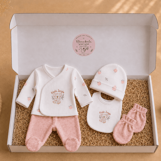 Blijeitje - Luxe Baby Cadeau Set - Kraamcadeau Meisje - Complete Baby Gift Box met Romper, Mutsje, Krabwantjes, Broekje & Knuffel - Neutraal Koala Design - Blij Eitje