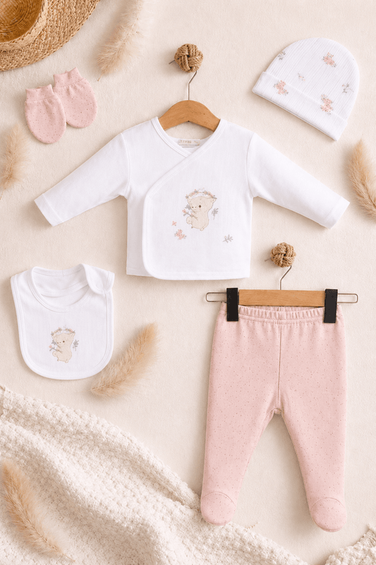 Blijeitje - Luxe Baby Cadeau Set - Kraamcadeau Meisje - Complete Baby Gift Box met Romper, Mutsje, Krabwantjes, Broekje & Knuffel - Neutraal Koala Design - Blij Eitje