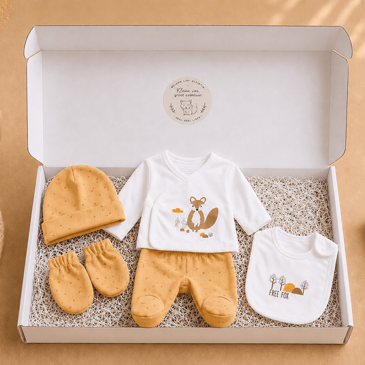 Blijeitje - Luxe Baby Cadeau Set - Kraamcadeau Unisex - Complete Baby Gift Box met Romper, Mutsje, Krabwantjes, Broekje & Knuffel - Neutraal Vos Design - Blij Eitje
