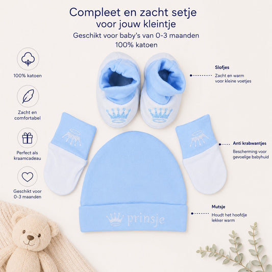 Blijeitje Prinsje - Kraamcadeau & Babyshower Cadeau - Baby Cadeauset met Knuffel - 100% Katoen - 0-3 Maande - Blij Eitje