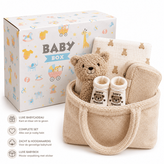 Blijeitje - Teddy Collection - Kraamcadeau & Zwangerschapscadeau, Babyshower, Gender Reveal - Mom Bag Luiertas met Luieretui, Hydrofiele Doek, Rammelaar & Babyslofjes - Blij Eitje