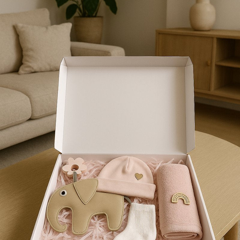 Roze baby brievenbus cadeau met mutsje, slab met regenboog, witte sokjes en olifant knuffel in geschenkdoos
