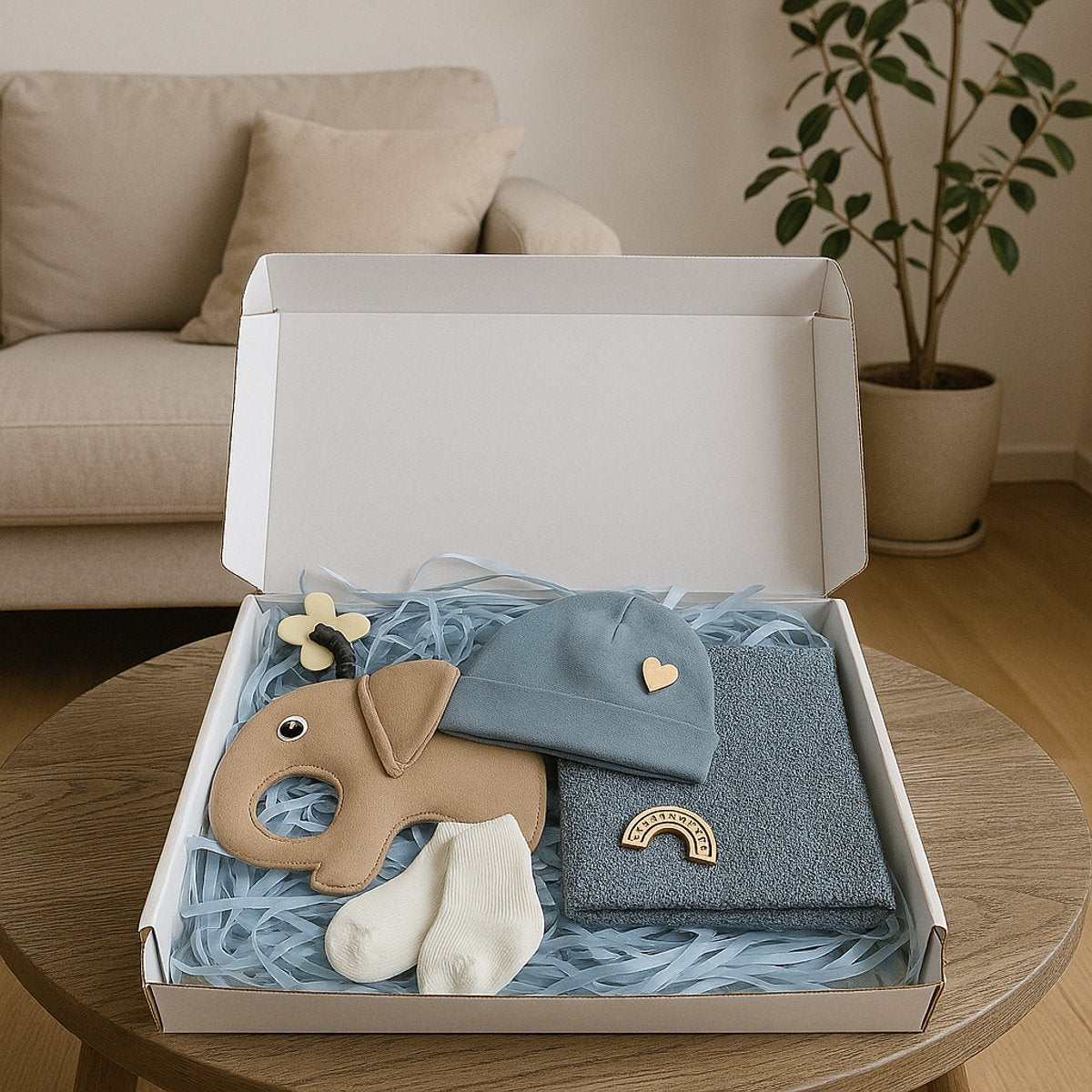 Brievenbus kraamcadeau met blauwe spuugdoek, mutsje, witte babysokjes en knuffel olifant – origineel babycadeau