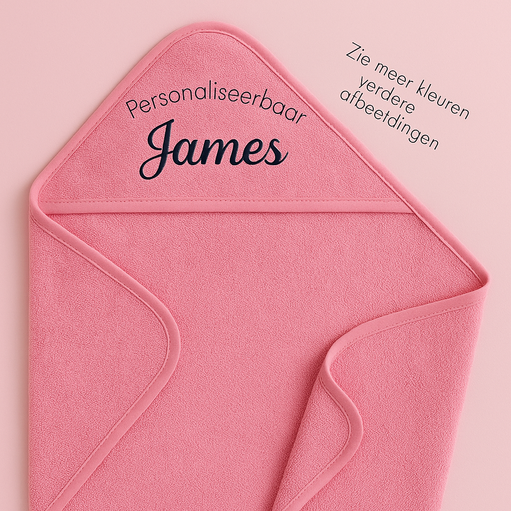 Babyroze gepersonaliseerde baby handdoek met capuchon en naam James geborduurd