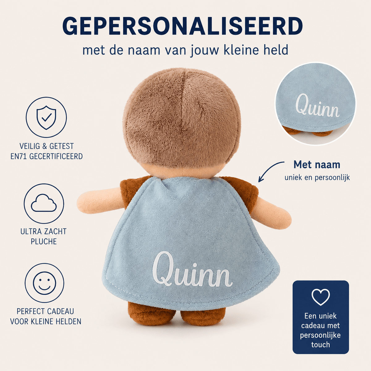 Jollein - Knuffel Superhero - Dave - gepersonaliseerd met naam - Superheld - 32cm - Blij Eitje