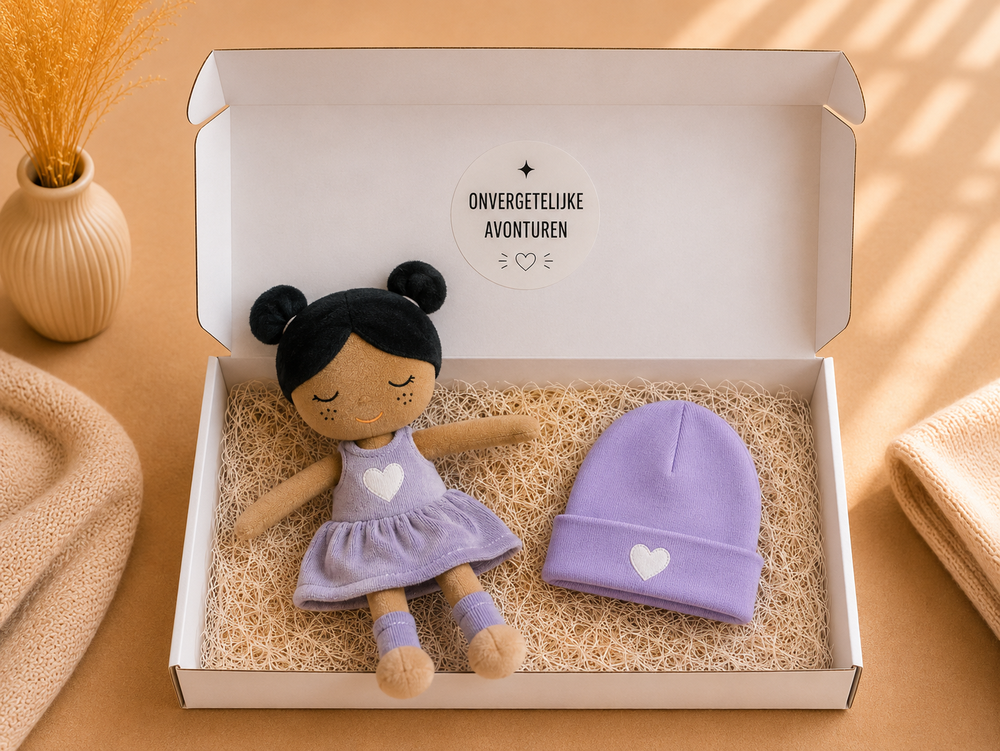 Jollein knuffelpop paarse jurk met baby mutsje in cadeaubox – kraamcadeau meisje