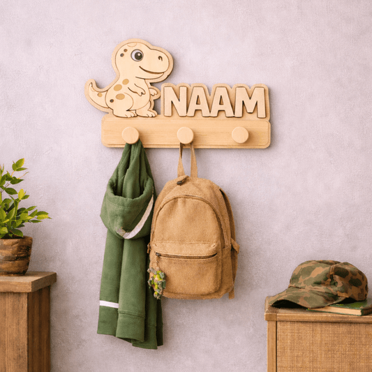Kinderkapstok Dinosaurus met Naam | Houten Dino Kapstok Kinderkamer - Blij Eitje