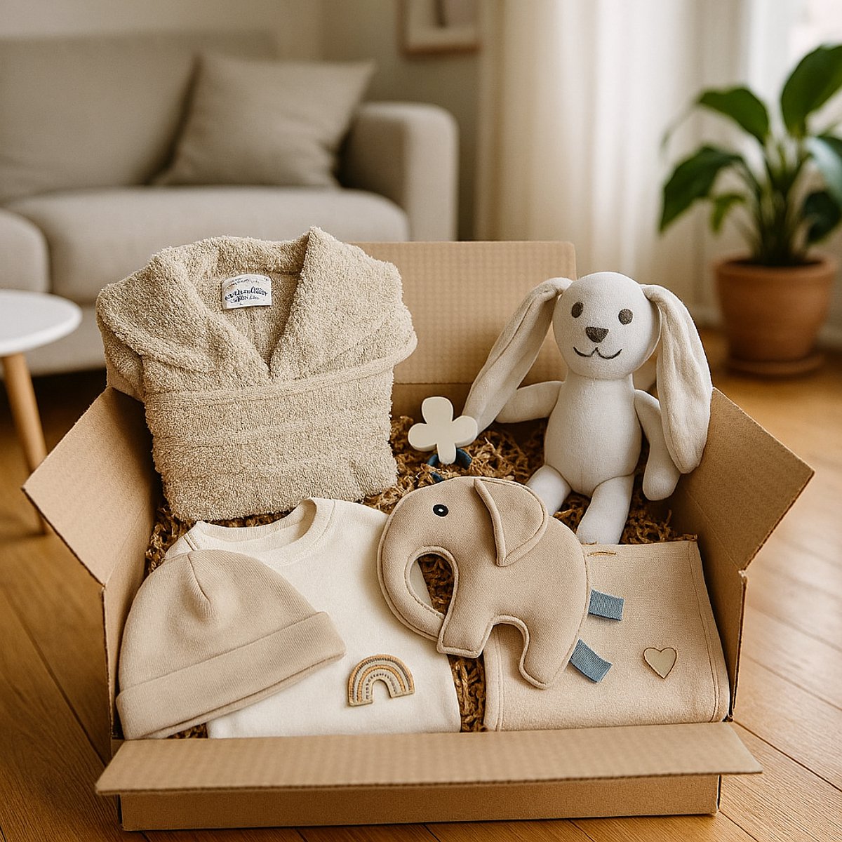 Beige kraamcadeau baby giftset met badjas, konijn knuffel, olifant tutpop, babymutsje, spuugdoek en slab