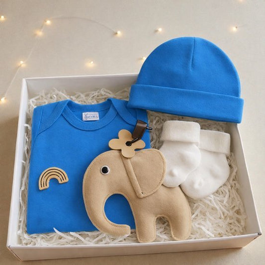 Kraamcadeau Jongen origineel – Luxe Baby Giftset in Brievenbusdoos – Rompertje, Babymutsje, Sokjes & Knuffel/Tutpop Olifant – Perfect Babyshower & Gender Reveal Cadeau - Blij Eitje
