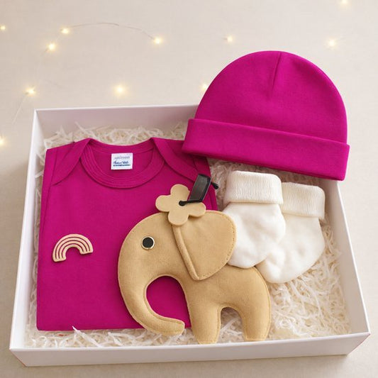 Kraamcadeau meisje Fuchia origineel – Luxe Baby Giftset in Brievenbusdoos – Rompertje, Babymutsje, Sokjes & Knuffel/Tutpop Olifant – Perfect Babyshower & Gender Reveal Cadeau - Blij Eitje