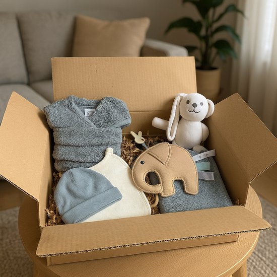 Blauwe babycadeauset met badjas, mutsje, romper, knuffelkonijn en olifant speelgoed in een geschenkdoos – ideaal als kraamcadeau of babyshower cadeau."